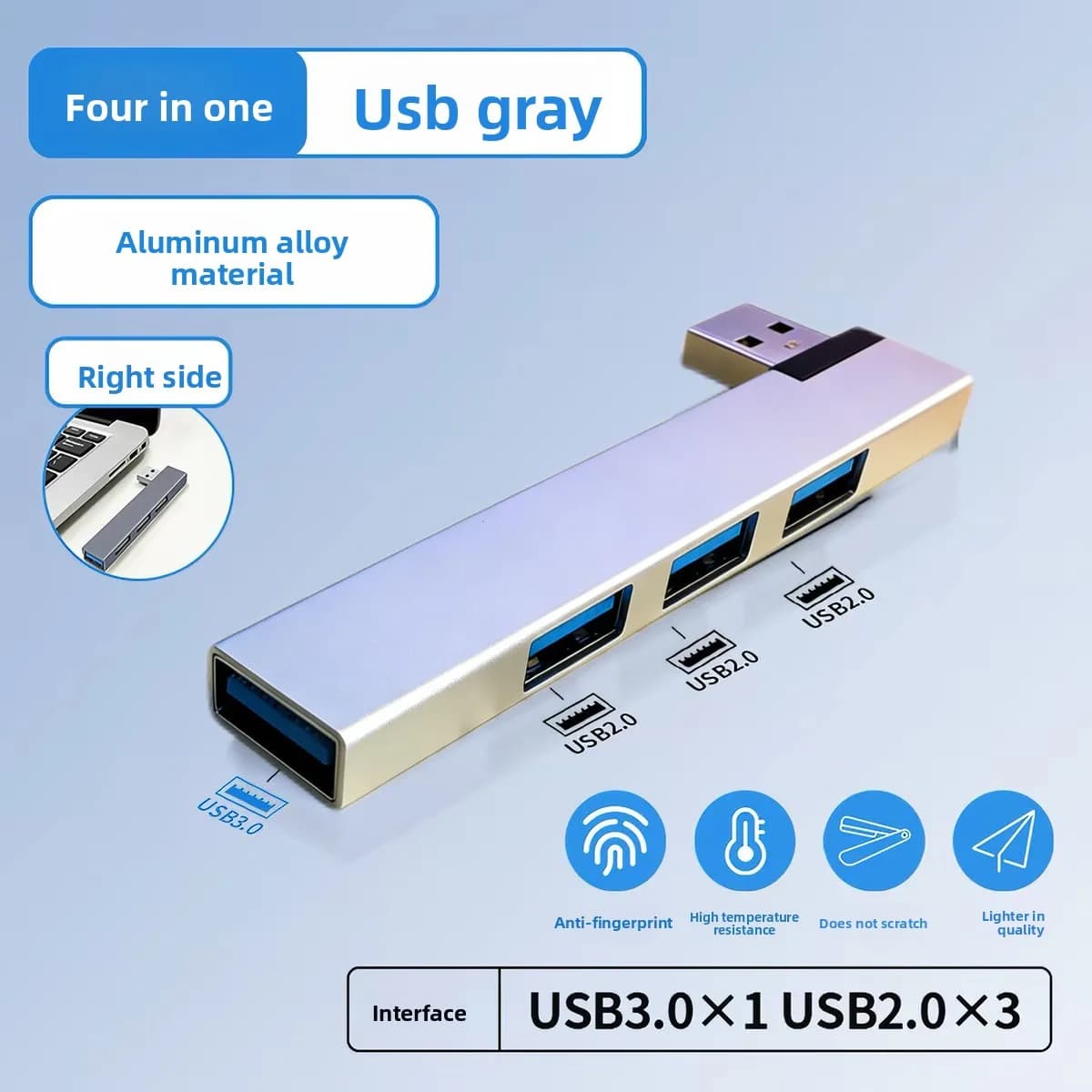 Hub USB 3.0 per laptop, splitter in lega di alluminio, docking station ad angolo retto, hub a quattro porte