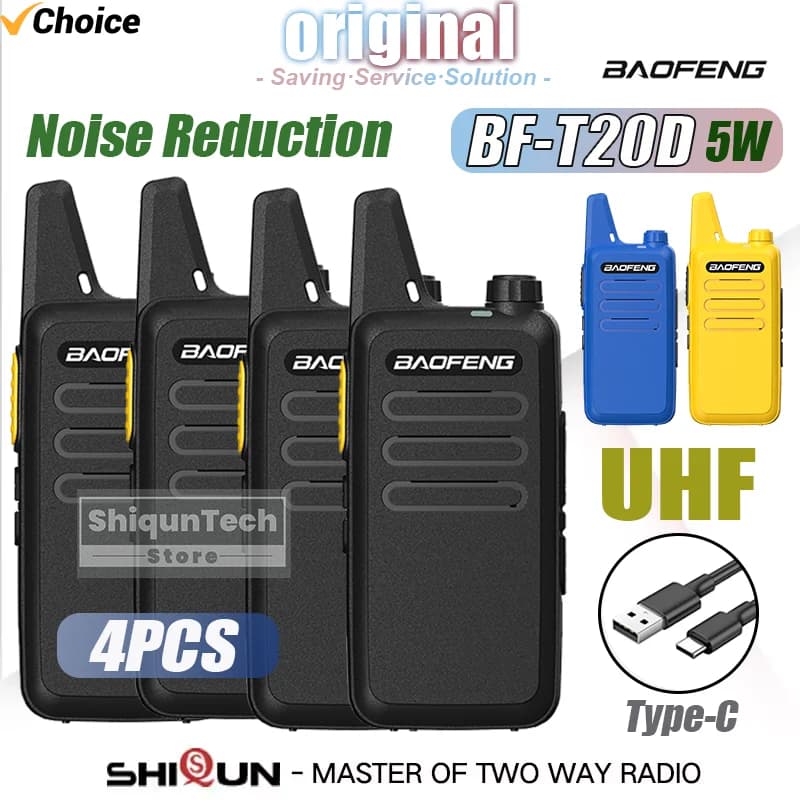 4PCS Baofeng BF-T20D Walkie Talkie 5W Riduzione del rumore Tipo-C VOX 1500mAh A lungo raggio UHF Aggiornato BF-T20 KD-C1 Mini radio bidirezionale