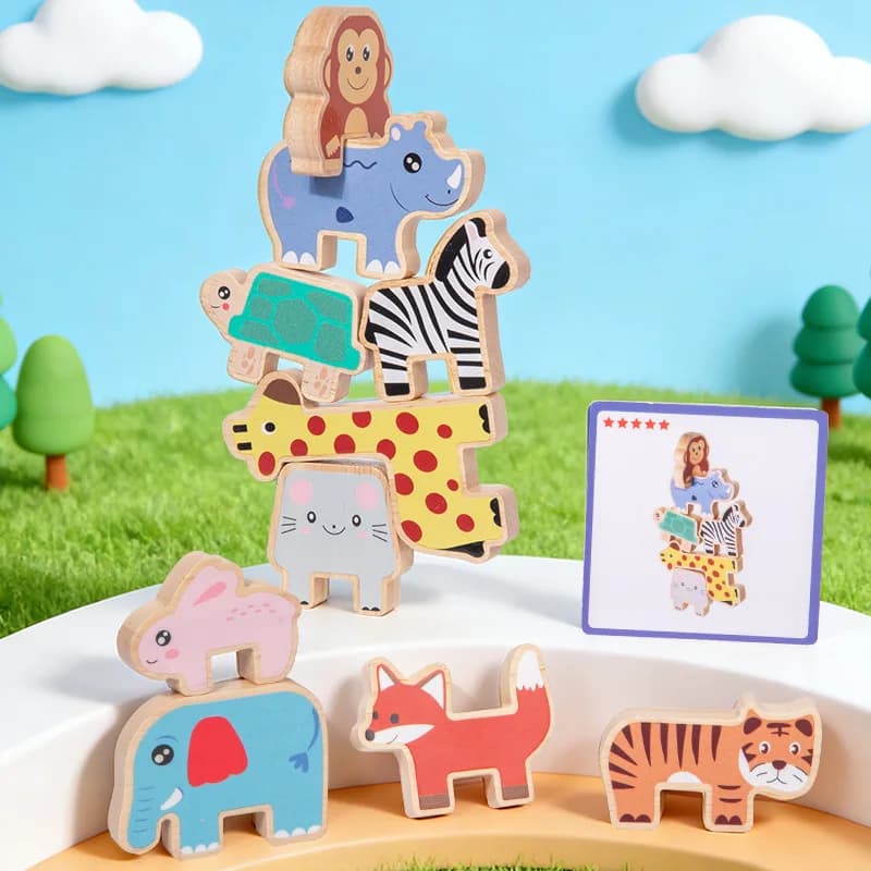 Wooden Animal Stacking Blocks Balance Game Montessori Early Learning Toys Kids Balance Sensory Training Fine Motor Training Toys