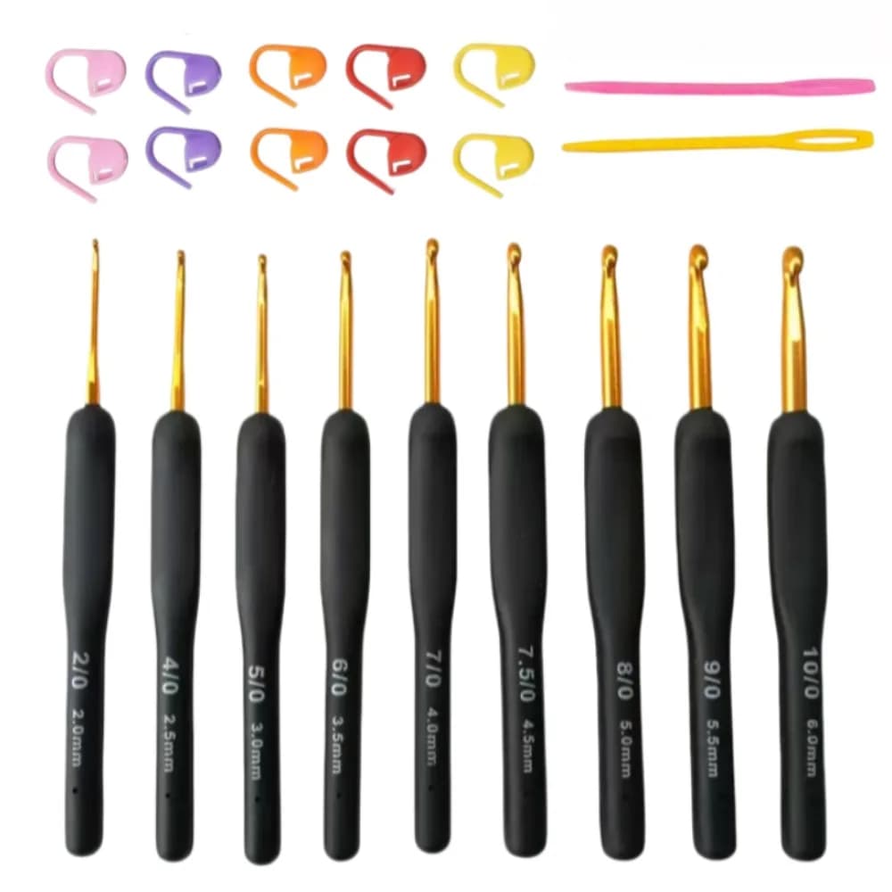 Set di 21 Uncinetti con Testa Dorata e Impugnatura Ergonomica Morbida, Ferri da Maglia 2.0-6.0mm con Marcatori di Punto, Aghi da Cucito, Kit Fai da Te per Lavori Artigianali