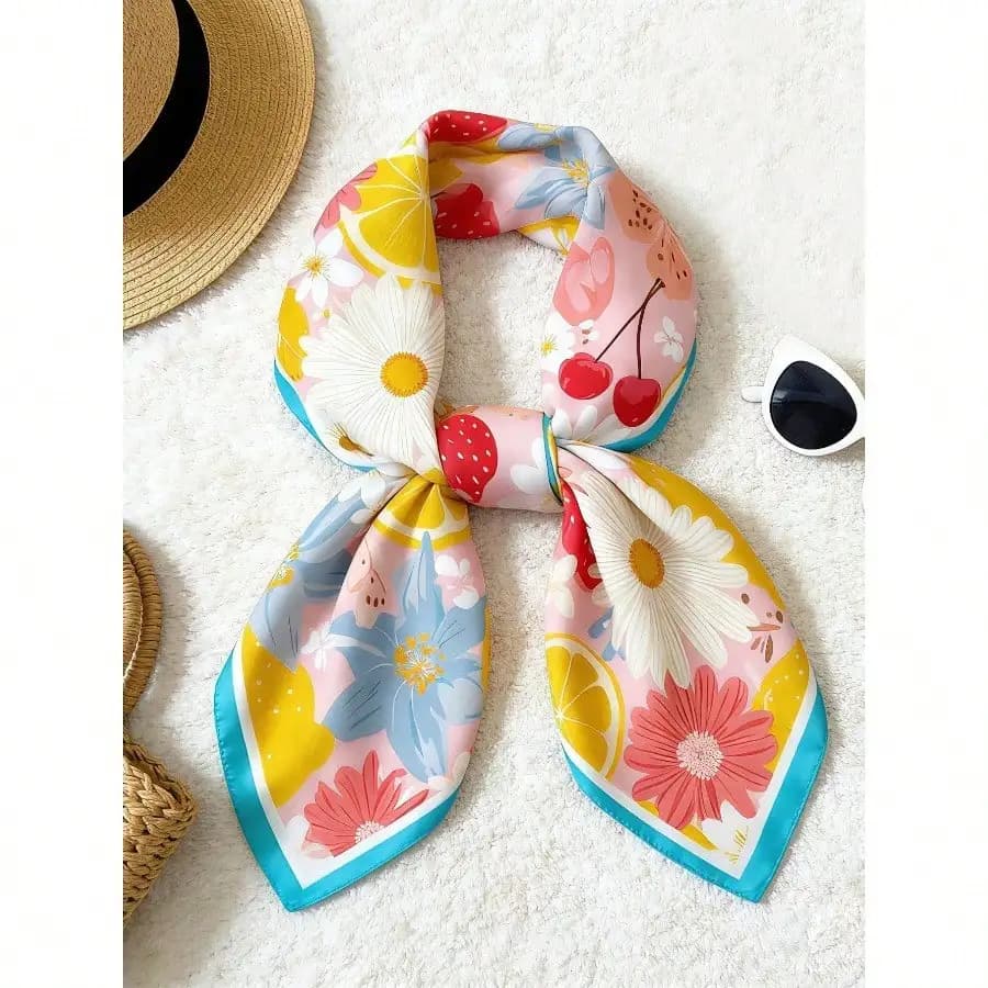 1pc Women's Spring New 70cm Silk Scarf, Lemon Floral Print Versatile Accessory, Suitable For All Seasons Daily Wear