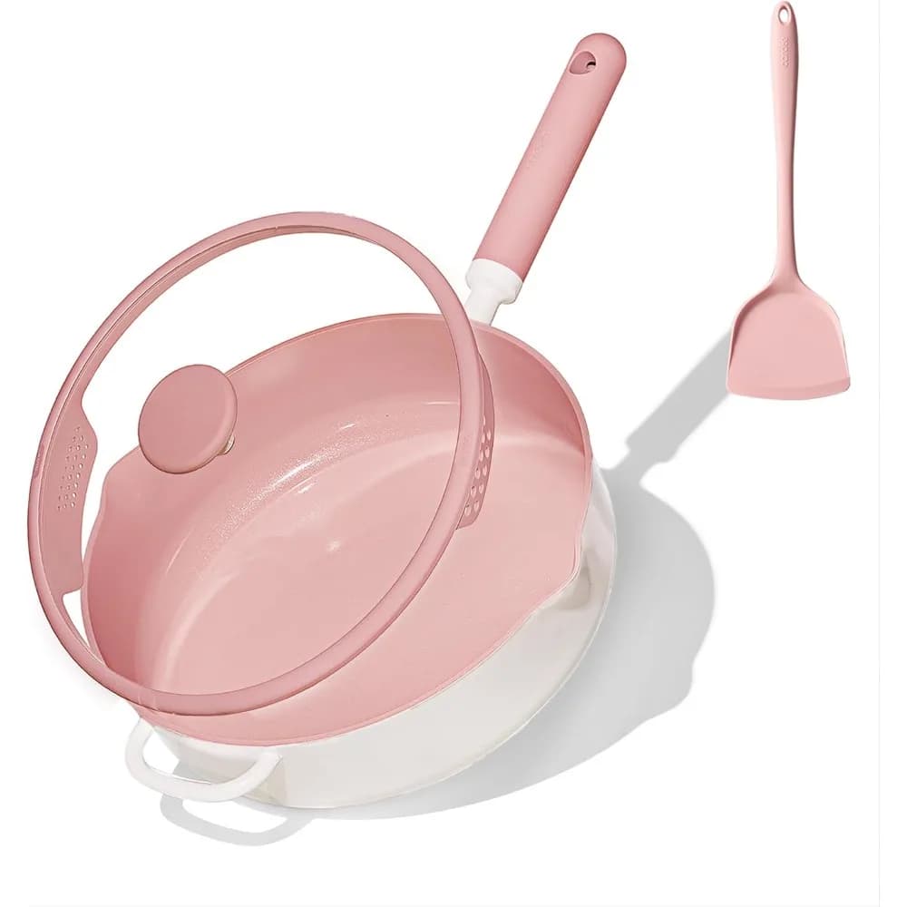 Padella Profonda Antiaderente da 11 Pollici con Coperchio, 5 Qt, per Saltare in Padella, Compatibile con Induzione, Senza PFOA, in Alluminio Rosa
