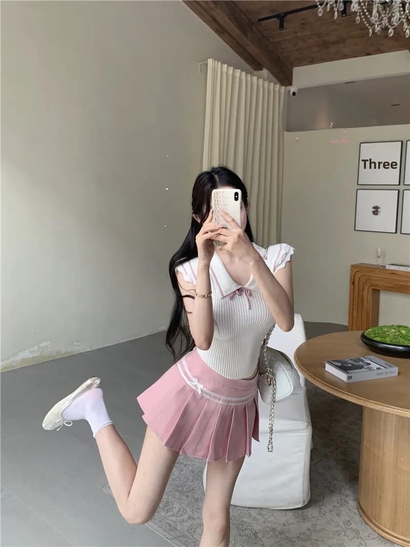 Prep Style Color Block Collar Stand-Up Short Sleeve Knitted Top High Waist Pleated Skirt Two-Piece Set Women Summer Fashion
