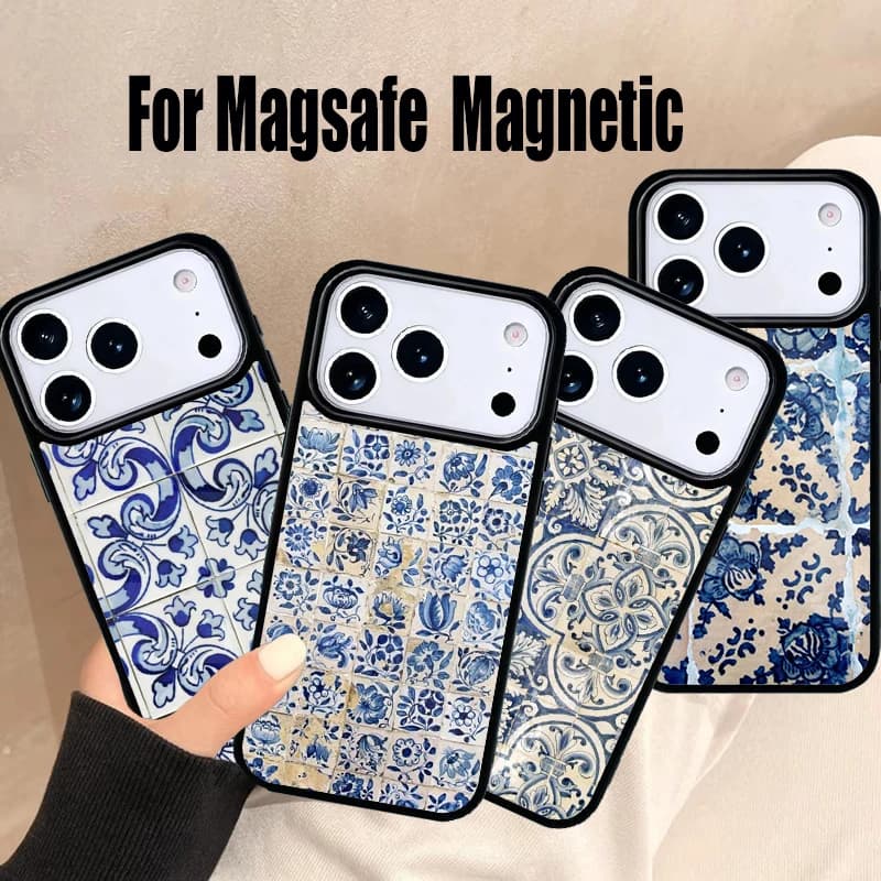 Cover Morbida per iPhone con Motivo Piastrelle Portoghesi per iPhone 17 Air 16e 15 14 13 12 11 Pro Max Plus, Cover Magnetica Wireless Magsafe