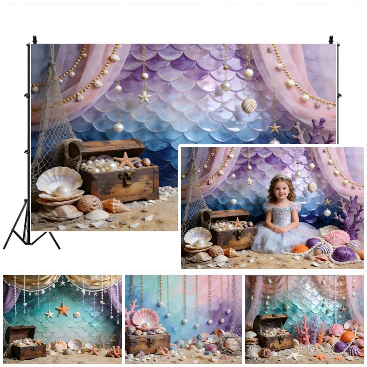 Sfondi per Foto di Compleanno a Tema Sirena con Decorazione a Tenda Viola e Tesori, Sfondo per Ritratti di Bambini e Baby Shower