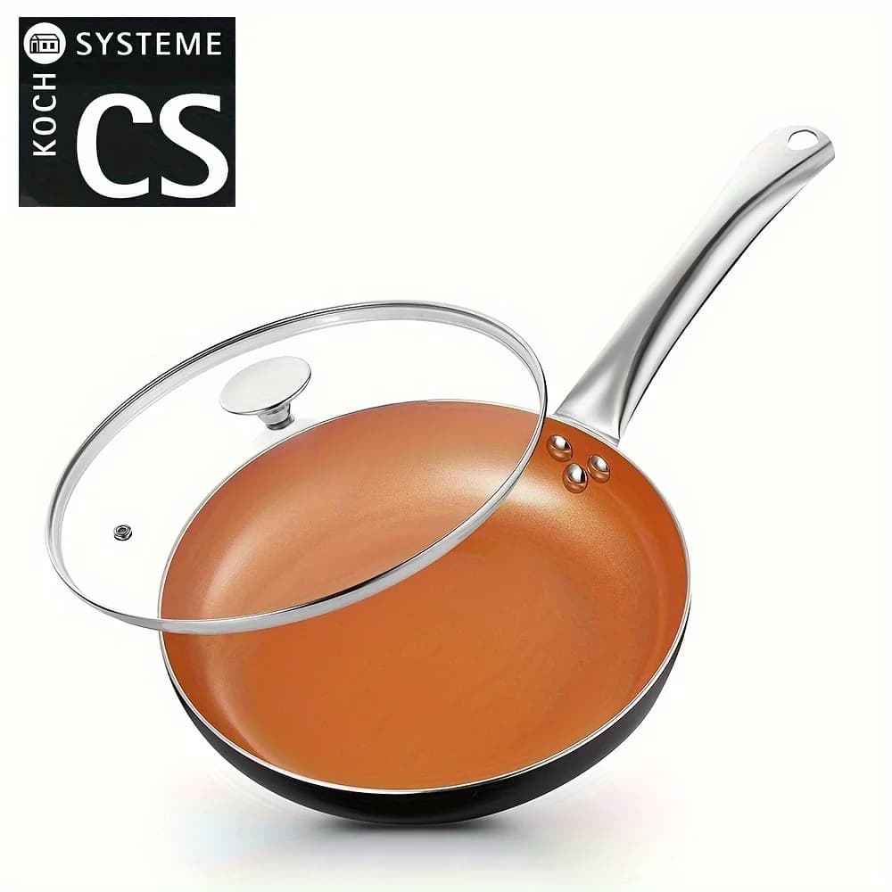 8 inch non-stick pan with lid, copper cook pan with ceramic coating and stainless steel handle, compatible with induction
