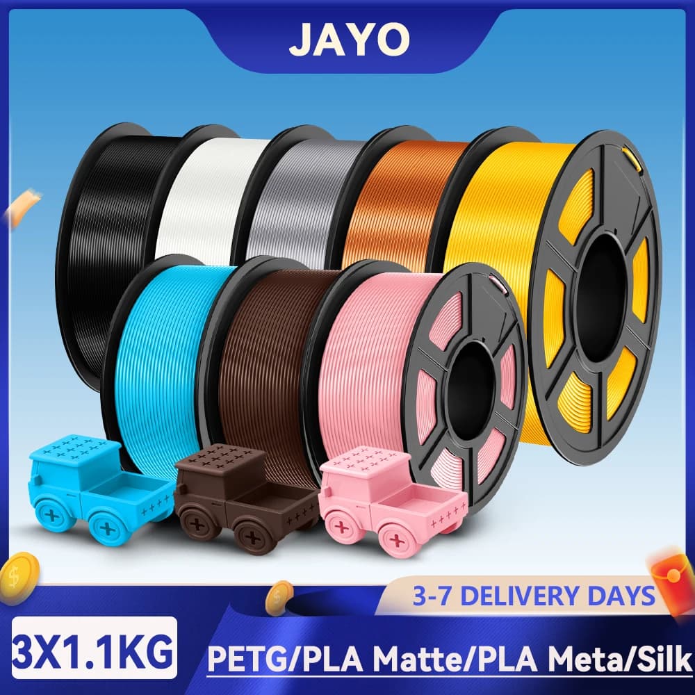 JAYO 3 Rotoli di Filamento 3D PETG / SILK / PLA Opaco / PLA Metallizzato 1.75mm per Stampanti 3D, Filamento PETG ad Alta Fluidità e Velocità per Stampa 3D