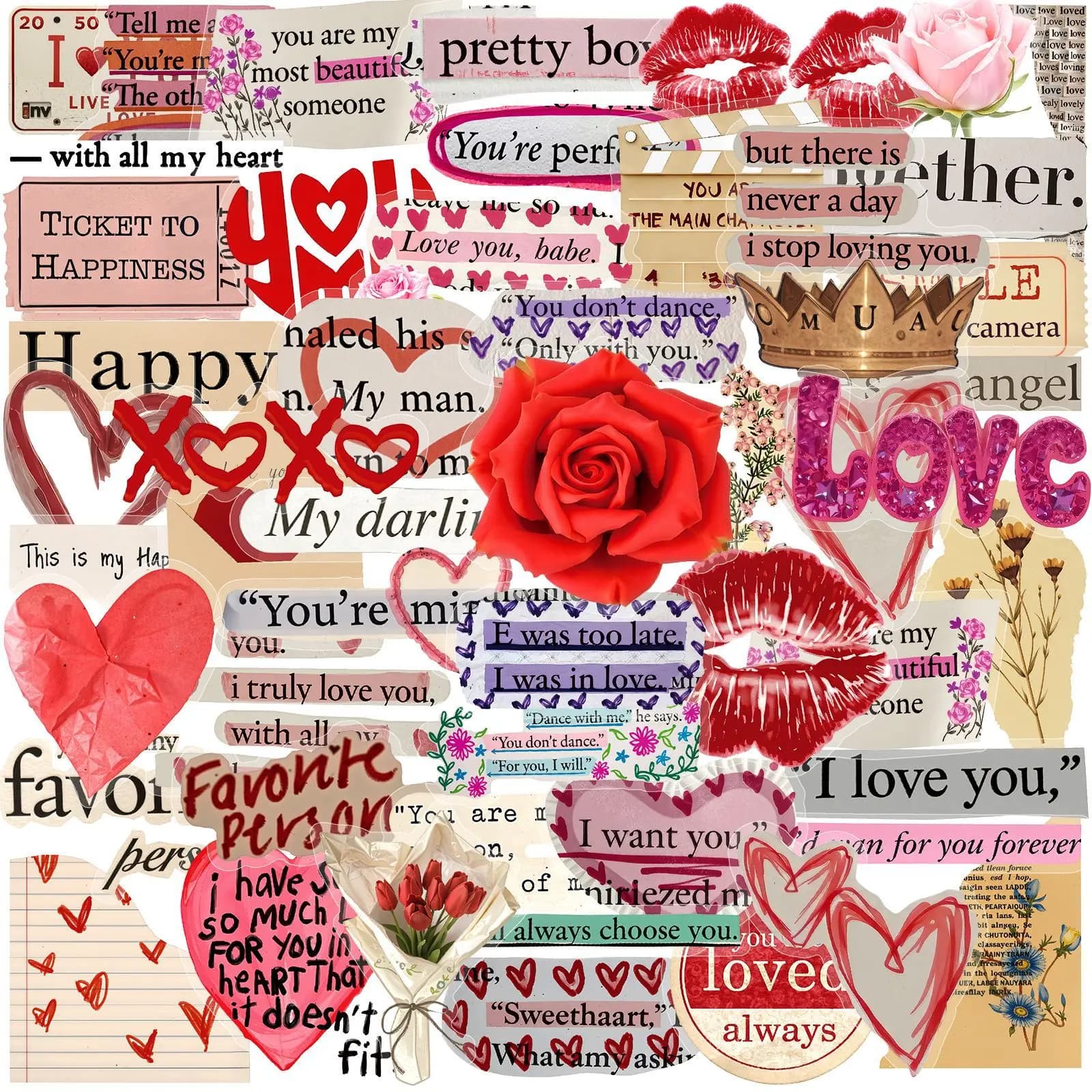 Confezione da 50 Adesivi Vintage in PET per San Valentino, Stile Graffiti Inglese, per Telefoni, Notebook, Valigie, Caschi, Cancelleria