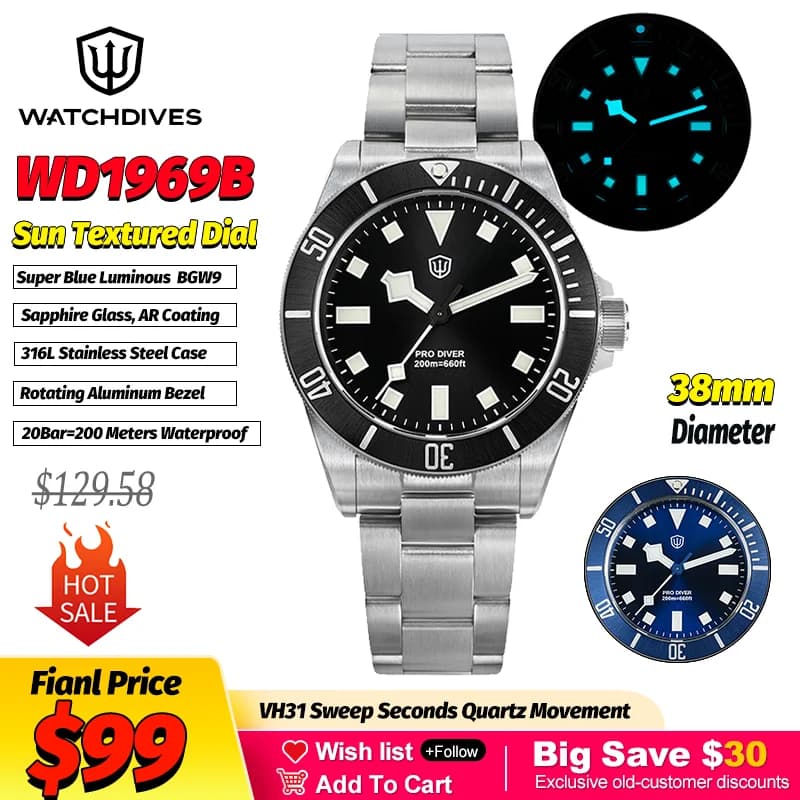 Watchdives WD1969 Orologi da polso al quarzo moda testurizzati dal sole VH31 Zaffiro 200M Orologi di lusso impermeabili Bracciale in acciaio inossidabile
