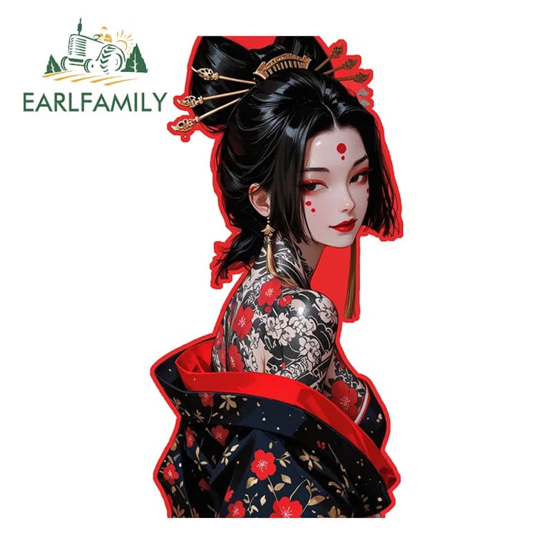 EARLFAMILY Geisha Japanese Graffiti Car Sticker Funny custom print Fishing equipment box Decalcomania Car door protection waterproof