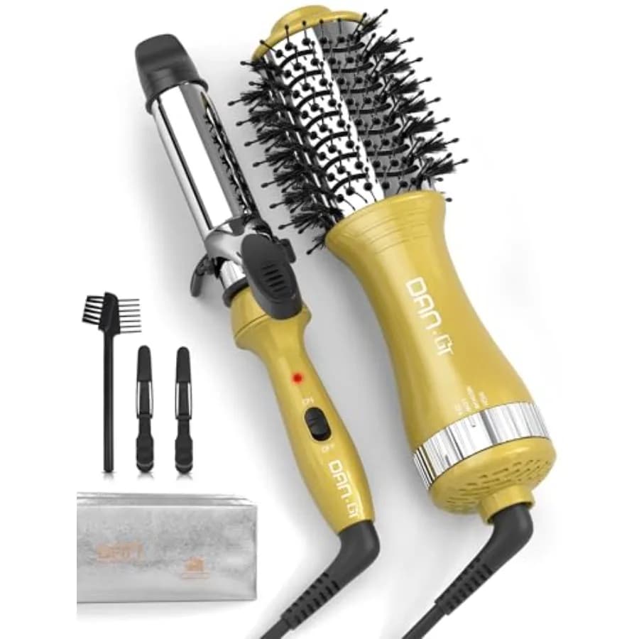 Set Spazzola Asciugacapelli e Mini Ferro Arricciacapelli - Set da Viaggio da 1 Pollice con 3 Impostazioni di Temperatura - Spazzola ad Aria Calda per Asciugatura e Styling
