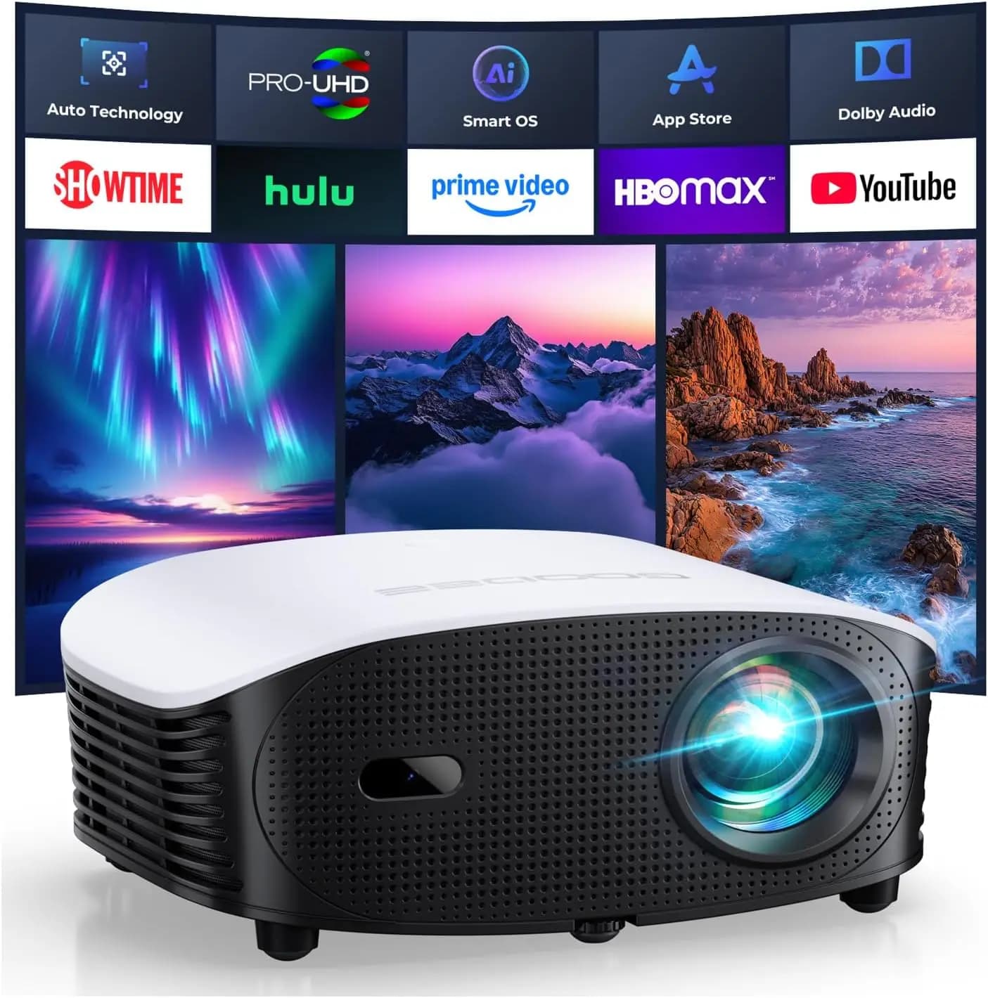 Mini Proiettore Smart con WiFi, Bluetooth, Supporto 4K, Autofocus per Home Theater e Film all'Aperto