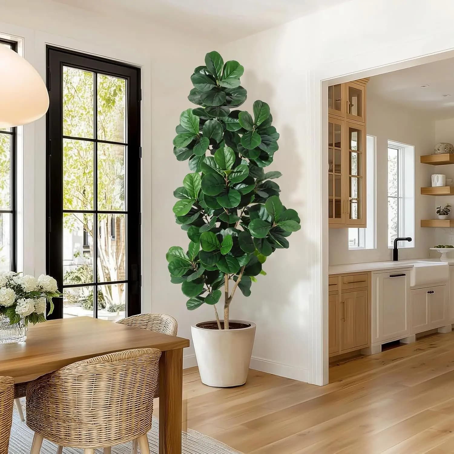 Artificial fig tree with violin leaves of 4 feet/5 feet/6 feet/7 feet, realistic trees of ficus lyrata fake in white flower pot, home decorations