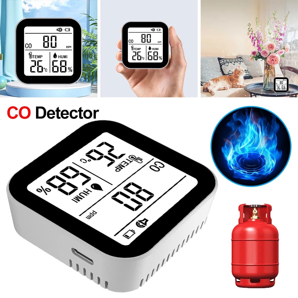 Rilevatore 3-in-1 di CO, Temperatura e Umidità con Cordino, Monitor per Monossido di Carbonio per Campeggio, Viaggi, Auto, Camper e Veicoli