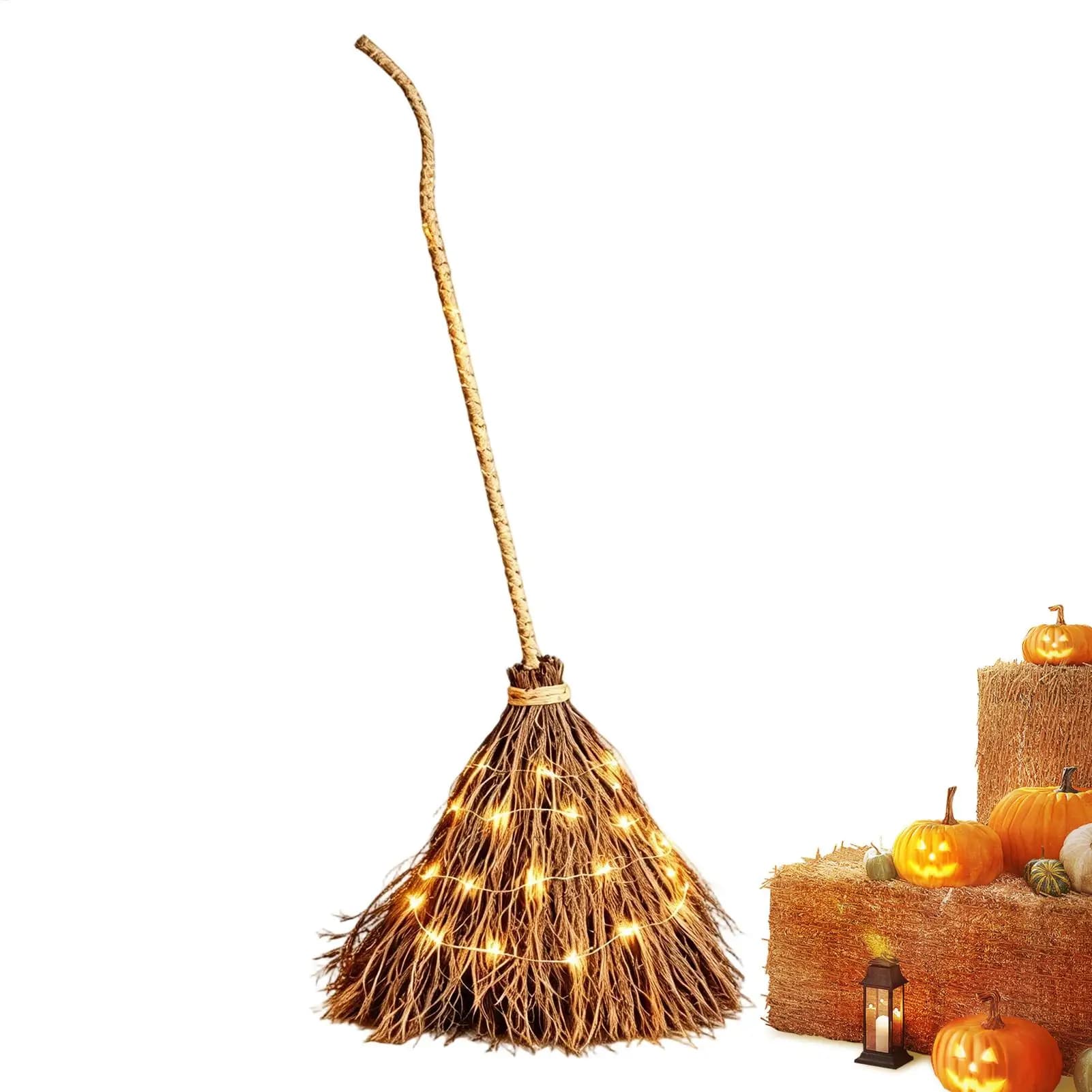 Rustic Witch Broom with Battery Operated LED String Lights Indoor Outdoor Halloween Decorations for Porch Patio Yard Garden Home