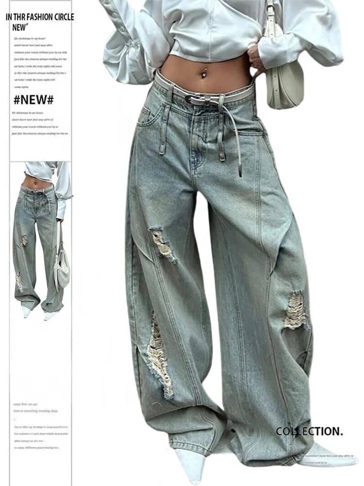 2025 Autunno Inverno Donna Pantaloni in denim strappati Y2K Uomo Wide Fit Baggy Jean Harajuku giapponese Jean Punk Tide Mamma Jeans Fidanzato