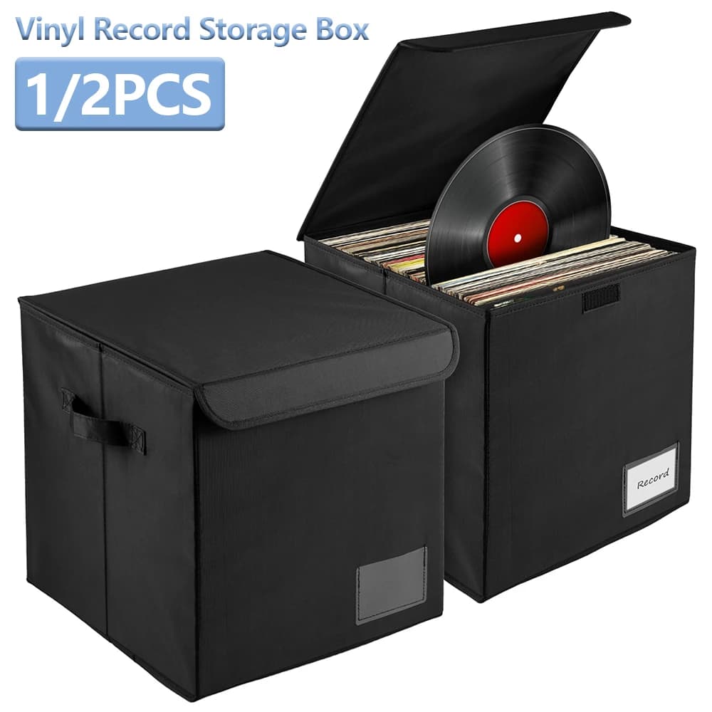 1/2Pcs Vinyl Record Storage Box Foldable Waterproof LP Organizer Bin with Handle and Label Slot Closet Clothes Toy Storage Bin