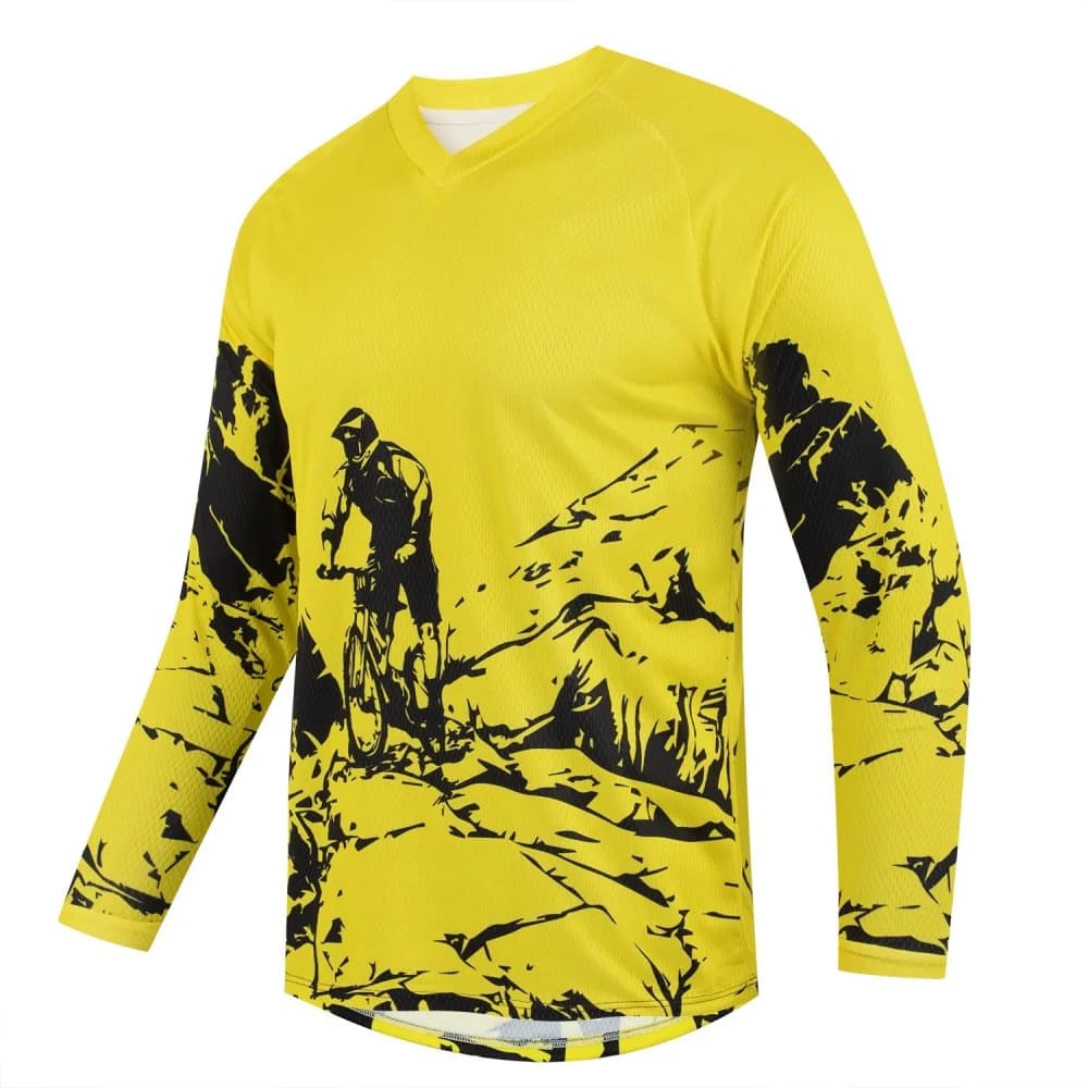 Maglietta Sportiva da Uomo a Maniche Lunghe con Stampa Mountain Bike, Traspirante con Scollo a V per Ciclismo, Fitness e Uso Quotidiano