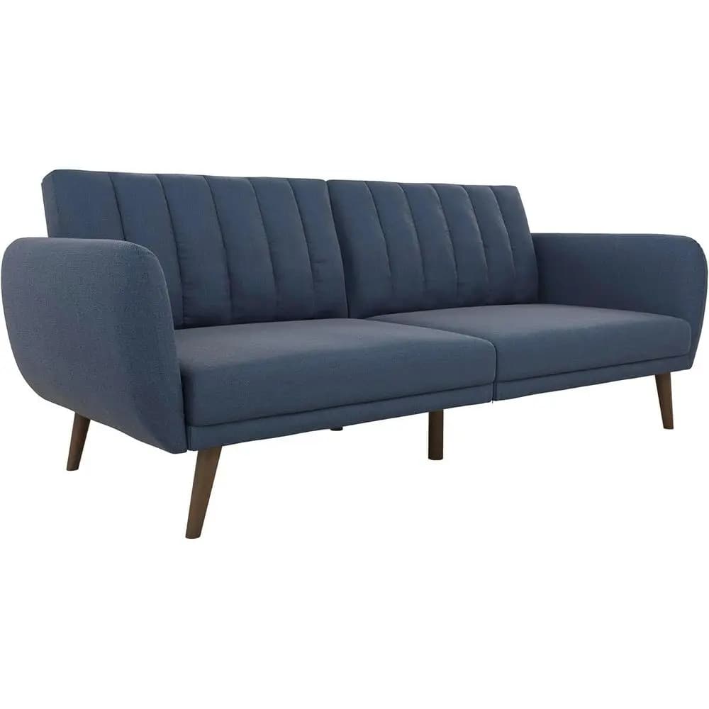 Divano Rivestito in Lino con Gambe in Legno, Lino Blu Premium