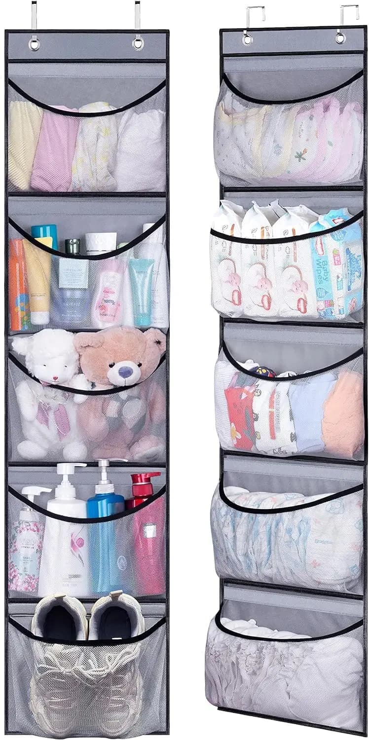 Hanging shelves over the door with 5 pockets, wardrobe organizer, bedroom, bathroom, 2 pack, gray