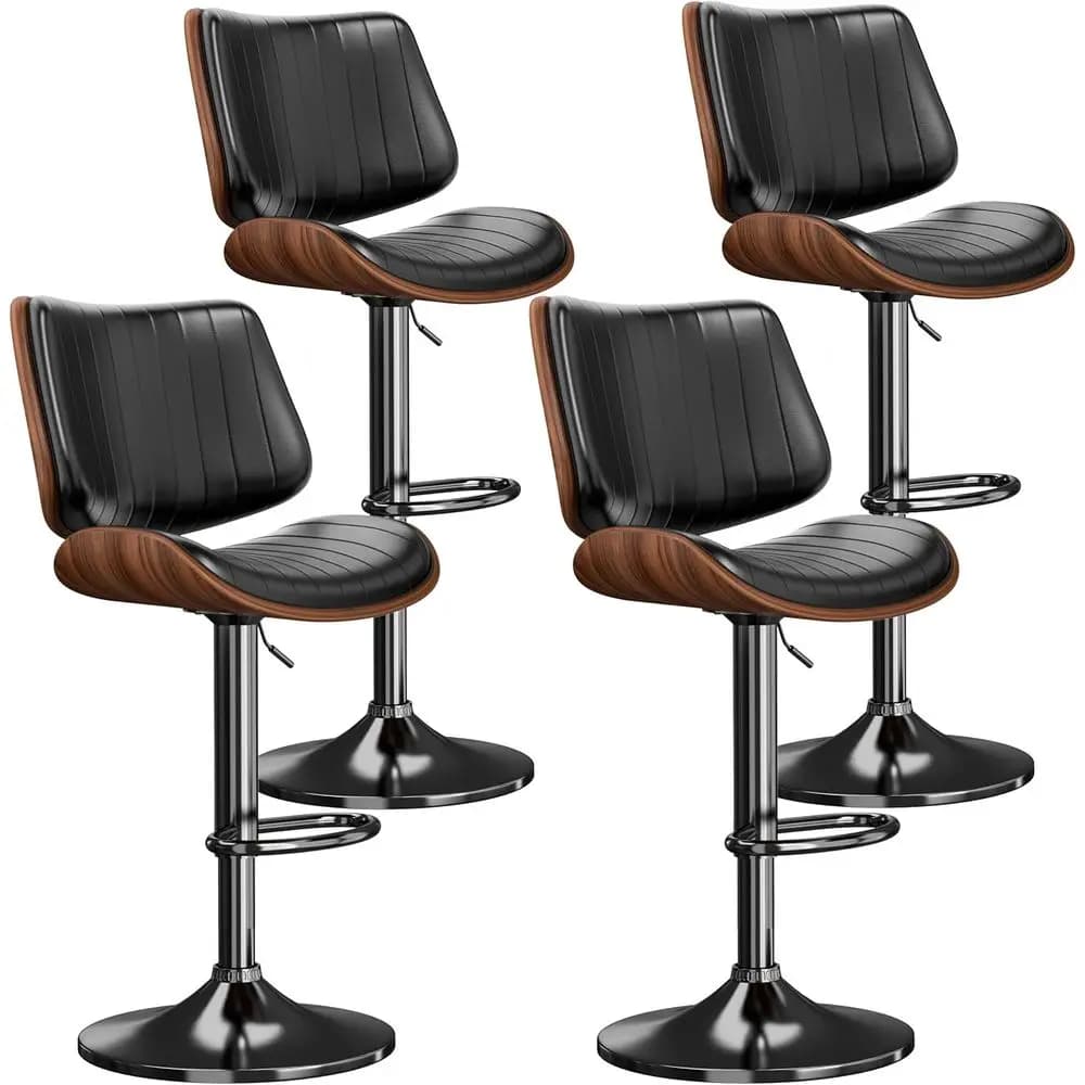Set di 4 Sgabelli da Bar Girevoli Regolabili in Pelle PU con Schienale e Poggiapiedi per Isola Cucina, Bar, Sala da Pranzo - Nero