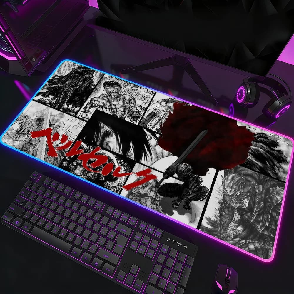 Tappetino per Mouse Anime Berserk RGB LED, Tappetino da Gaming per Camera da Letto e Ufficio, Antiscivolo, Impermeabile, Grande