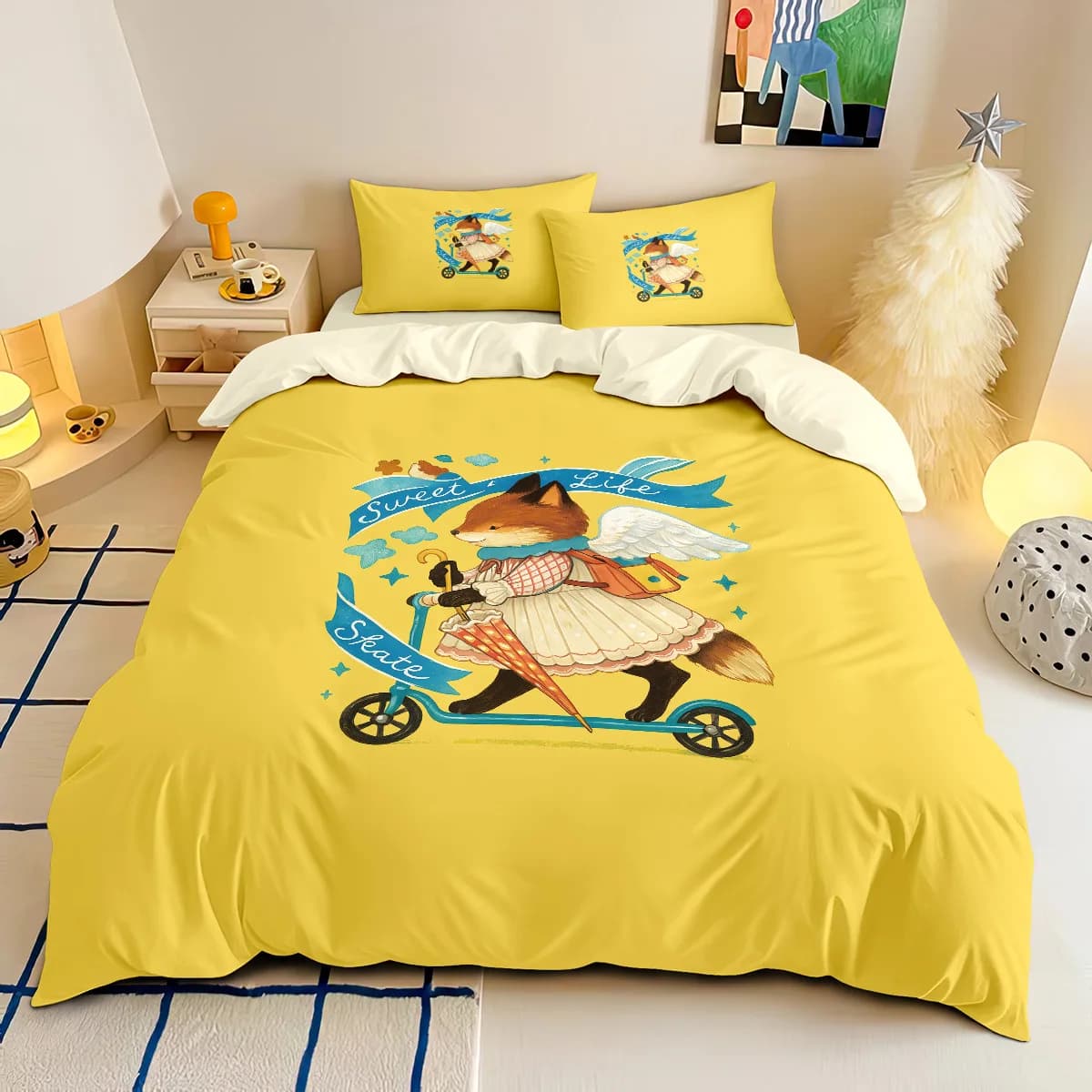 3D Pattern of Animal Fox Bedding Set Warm Minimalist Style Elves Brushed Digital Printing Duvet Cover Soft Comfortable for Bed