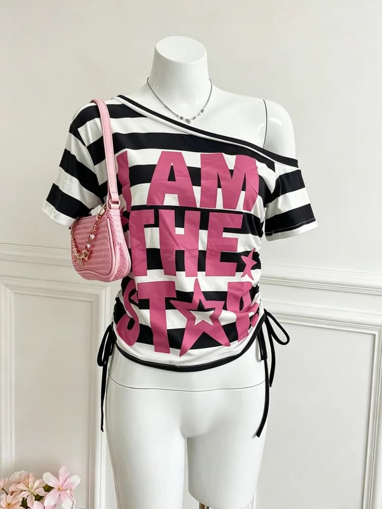 Sweet Cool Black White Stripe Asymmetrical Shoulder T-shirt Magenta Text Star Print Double Ruched Drawstring Slim Hot Girl Shirt