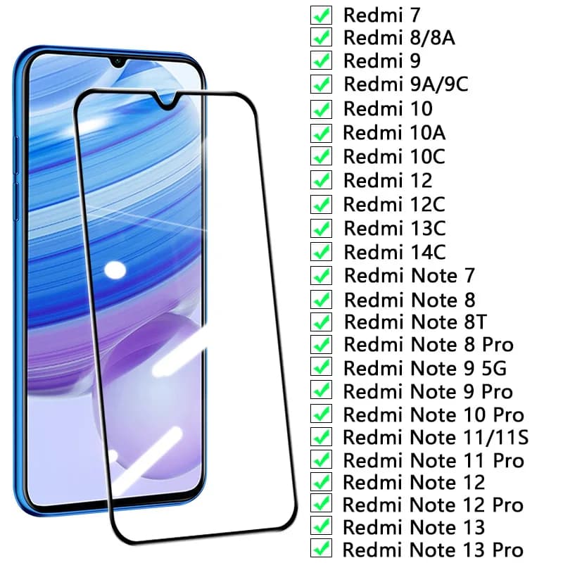 Vetro temperato completo 9D per Xiaomi Redmi Note 7 8 8T 9 10 11 12 13 Protezione schermo per Redmi 7 8 8A 9 9A 9C 10C 10A 12C 13C 14C