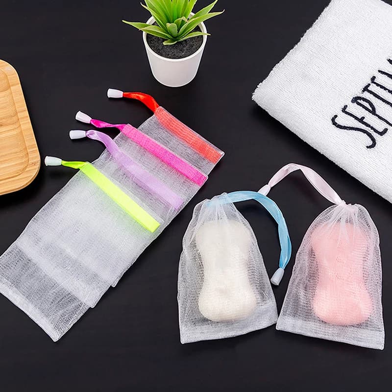 Set di 5 Sacchetti Salvasapone con Design a Coulisse per Schiuma Rapida, Rete Antiscivolo Portatile per Sapone Artigianale e Spazzola da Bagno