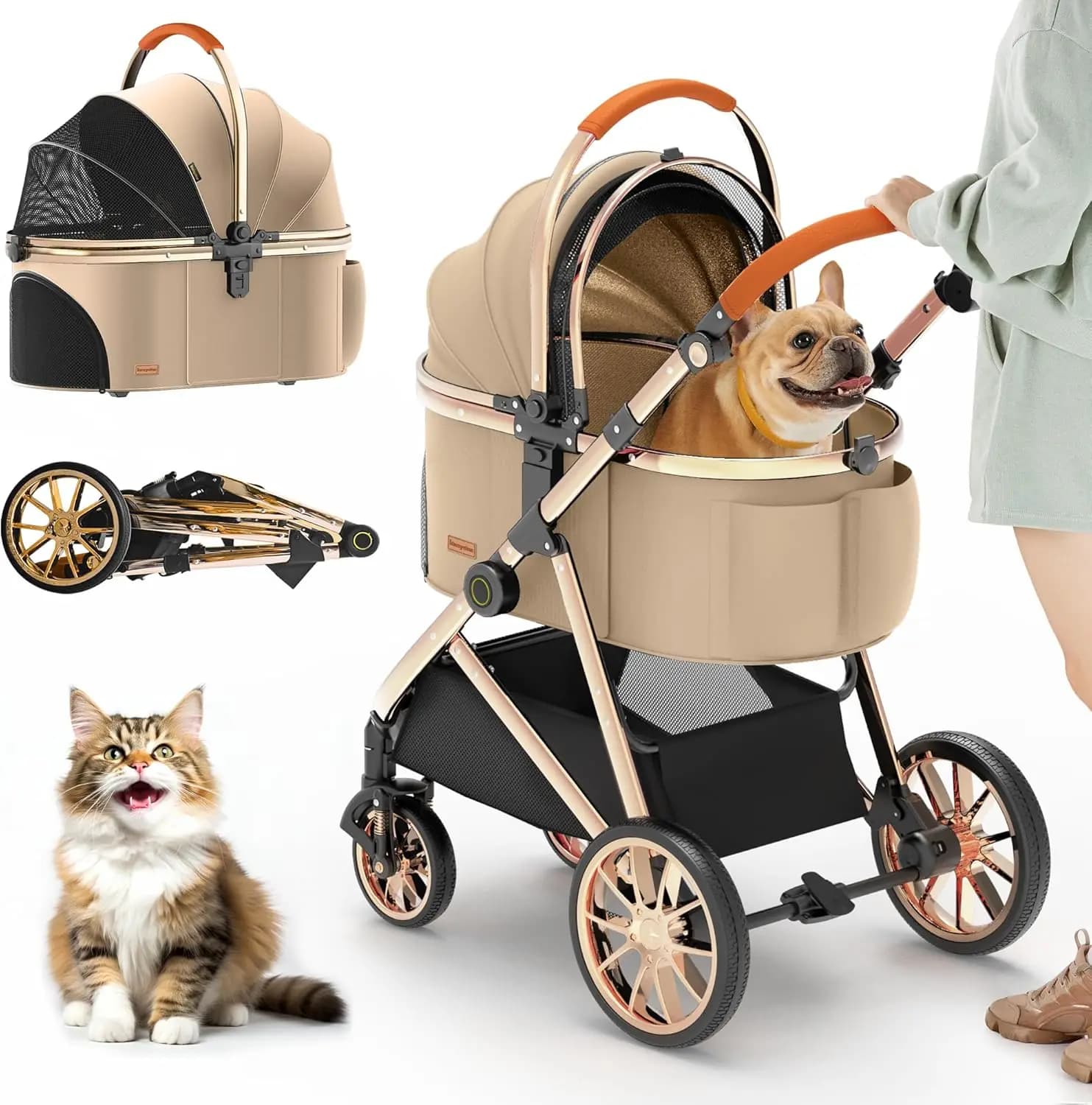 Luxury 3-in-1 Pet Stroller With Electroplated Gold Mirror Finish, Detachable Carrier For Small/Medium Dogs & Cats, Khaki