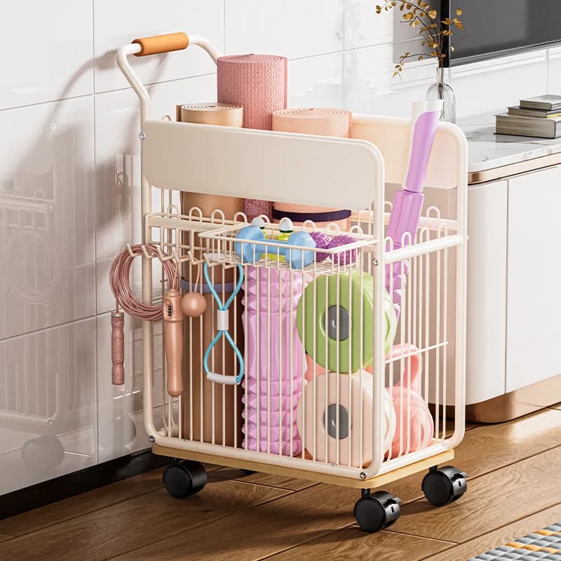 Yoga Mat Storage Basket with Wheels - Multi-sport Organizer for Handlebars, Kettlebells and Badminton Rackets, Home Gym Object Holders