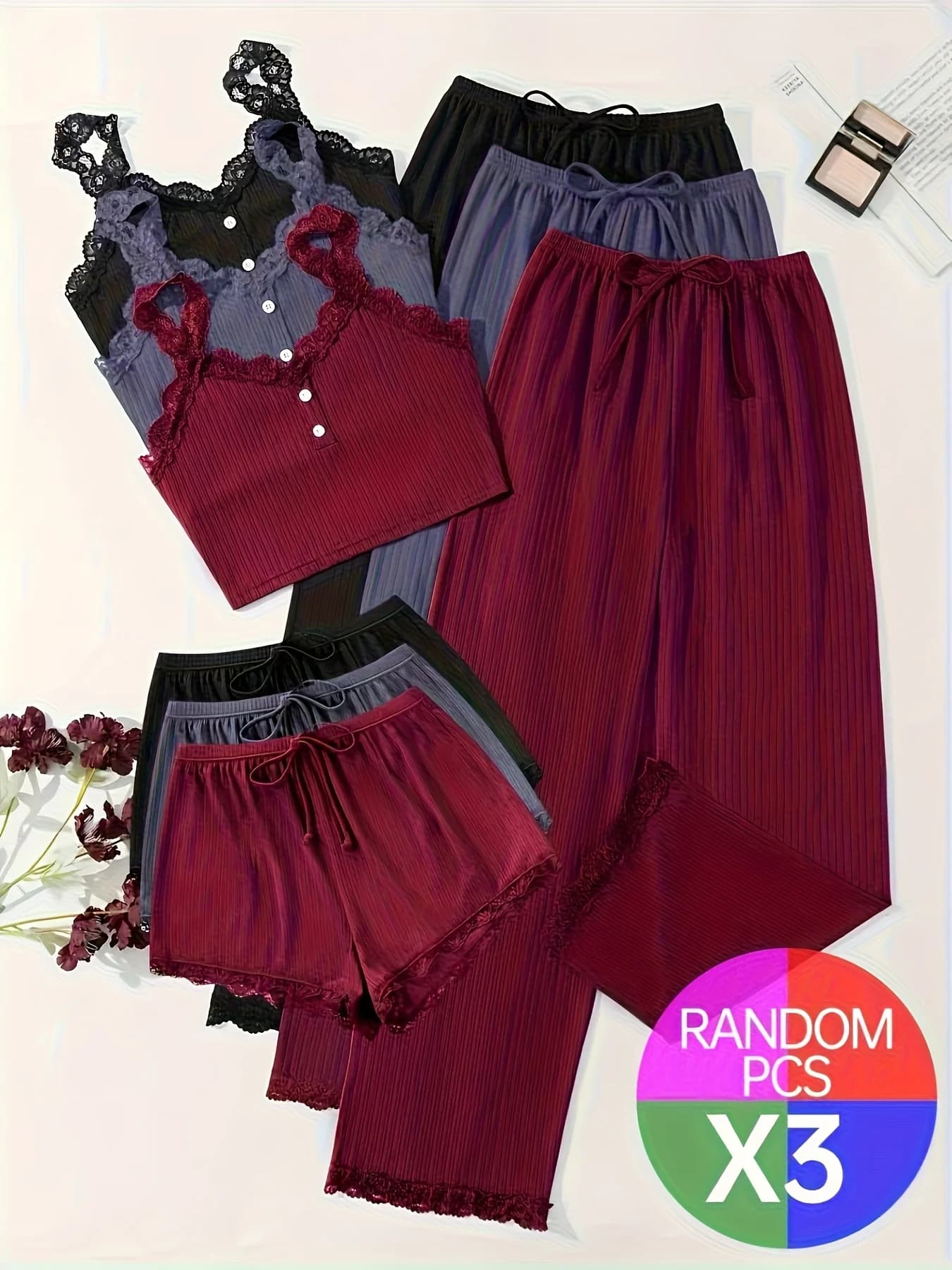 3-piece women's all-season sexy lace camisole loungewear set (including trousers, shorts, and vest), burgundy, black.