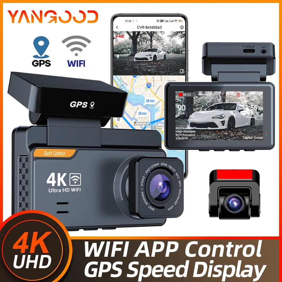 Yangood Dashcam 4K Obiettivo Auto Dvr 3 ''Scatola Nera Supporto Fotocamera Posteriore WIFI GPS Visualizzazione della Velocità di Guida Motori Generali Videoregistratore