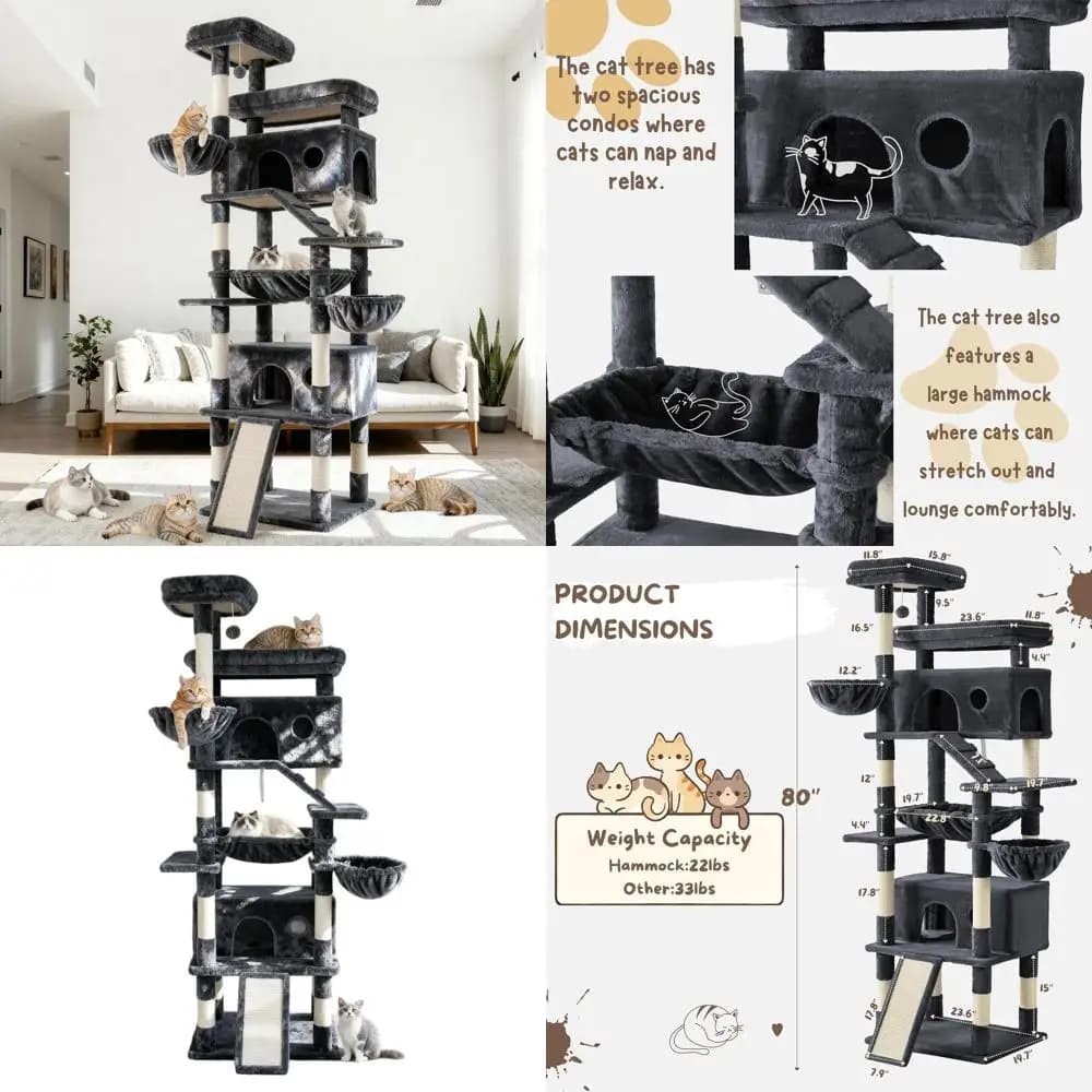 Albero per gatti extra large da 80 pollici a 8 livelli con 9 tiragraffi, 2 posatoi, 2 grotte, 2 cestelli e 2 scale per gatti grandi