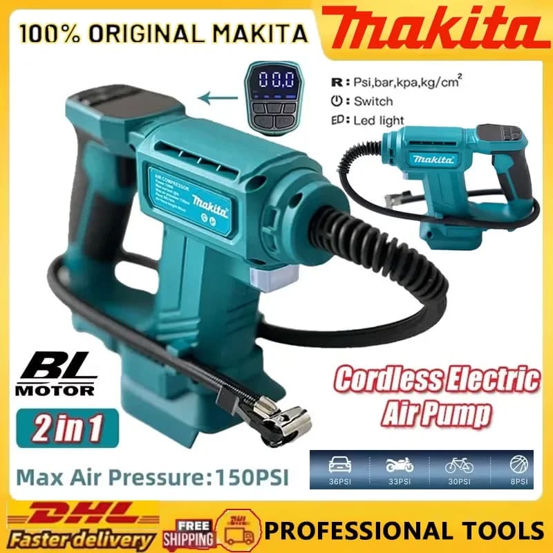 Pompa Compressore Portatile Makita Senza Fili con Display Digitale per Gonfiaggio Pneumatici Auto, Compatibile con Batteria 18V