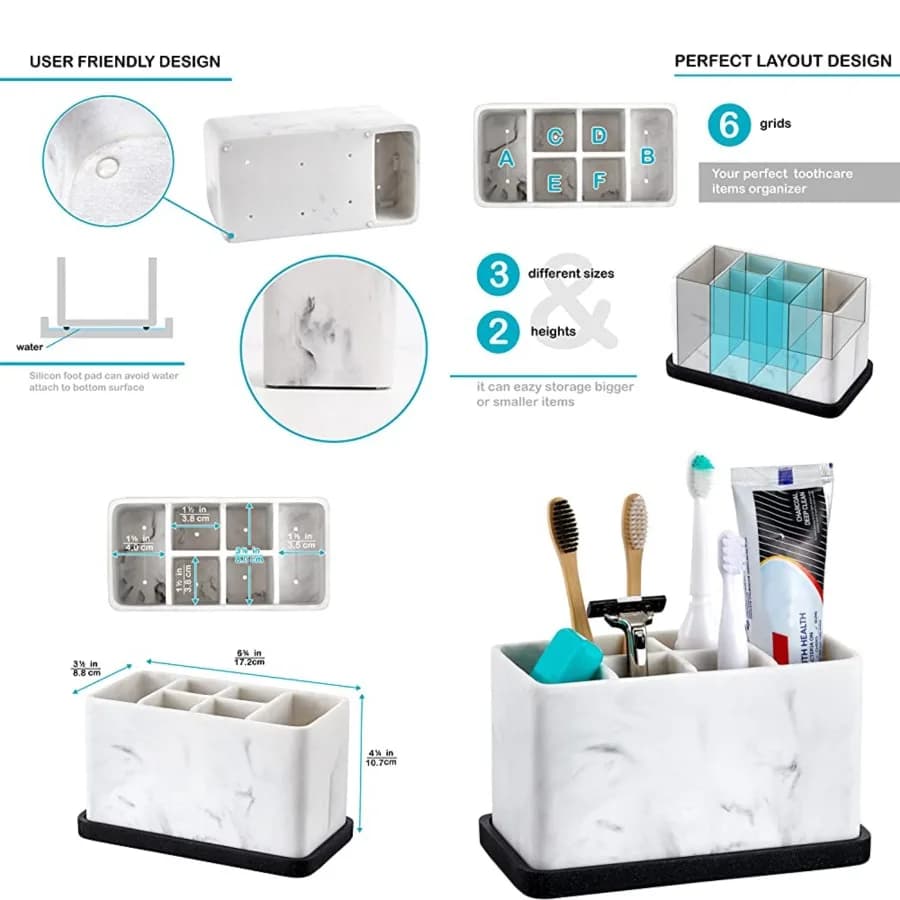 Portaspazzolino effetto marmo per l'organizzazione del piano del bagno, contiene dentifricio, filo interdentale, rasoio, pettine, pennelli per il trucco e altro, elegante accessorio da bagno per gli essenziali per la pulizia dei denti