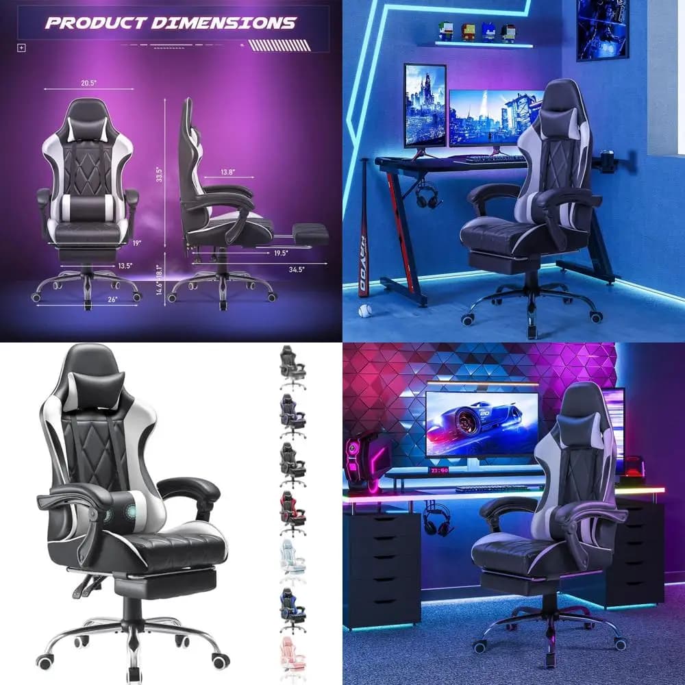 Sedia da Gaming Ergonomica con Schienale Alto, Poggiapiedi, Supporto Lombare Massaggiante, Sedile Girevole - Bianca