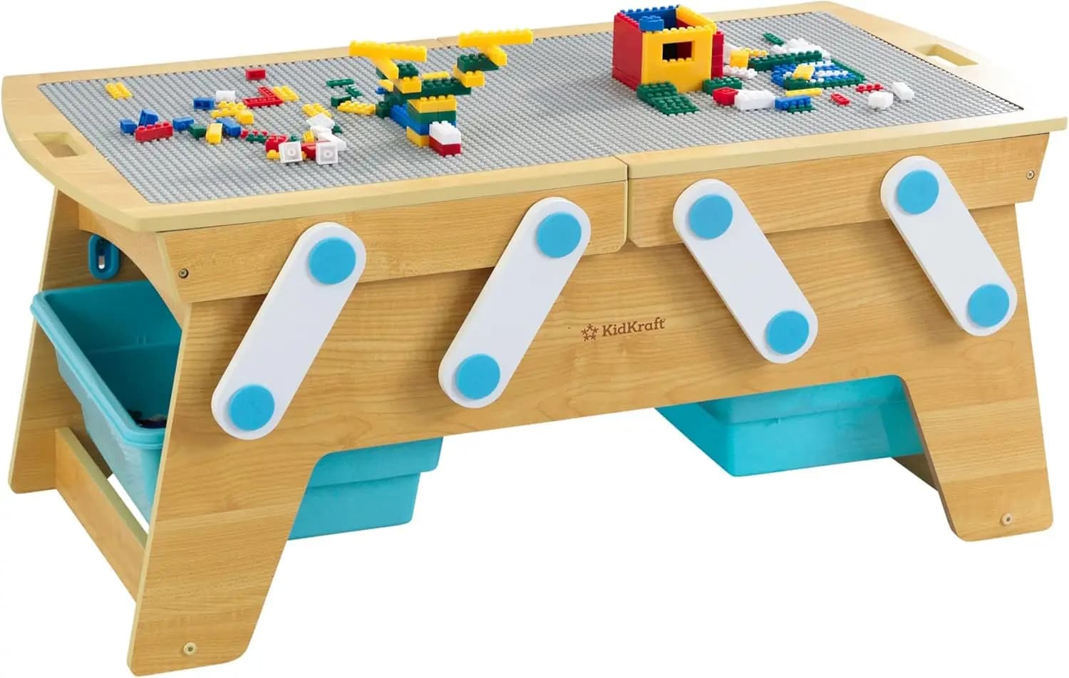 Tavolo in legno KidKraft Building Bricks Play N Store, contenitore per giocattoli per bambini con contenitori, oltre 200 blocchi da costruzione inclusi, naturale, Gi
