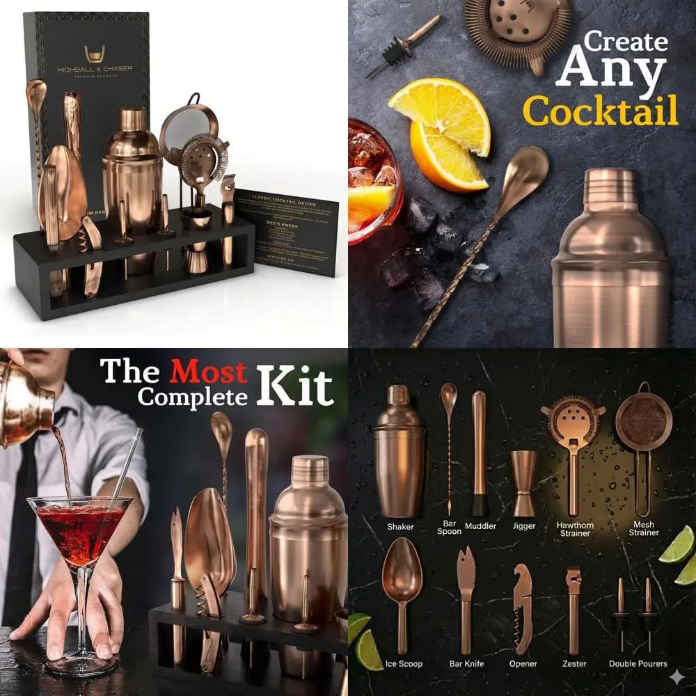 Set shaker per cocktail da 13 pezzi in rame opaco con strumenti in acciaio inossidabile e 30 ricette per bar domestico