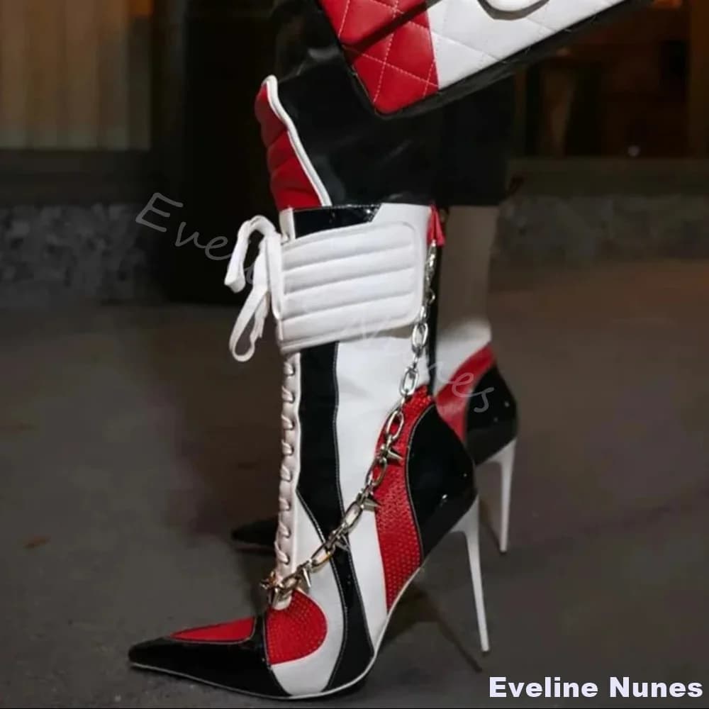 Stivali da moto stringati oversize in colori misti Tacchi alti da donna Stivaletti stile sportivo alla moda Stivali lunghi con tacco a spillo