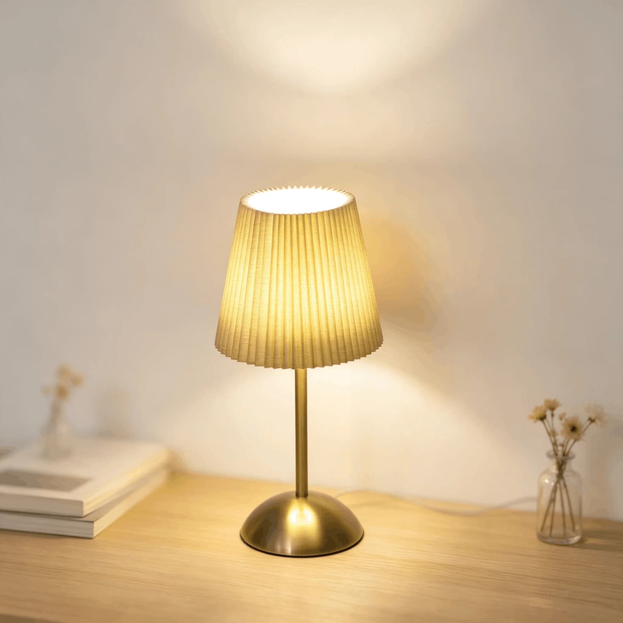 Neutral Beige Pleated Shade Table Lamp Gold Base Warm Bedside Minimalist Small Desk Lamp for Room Decor