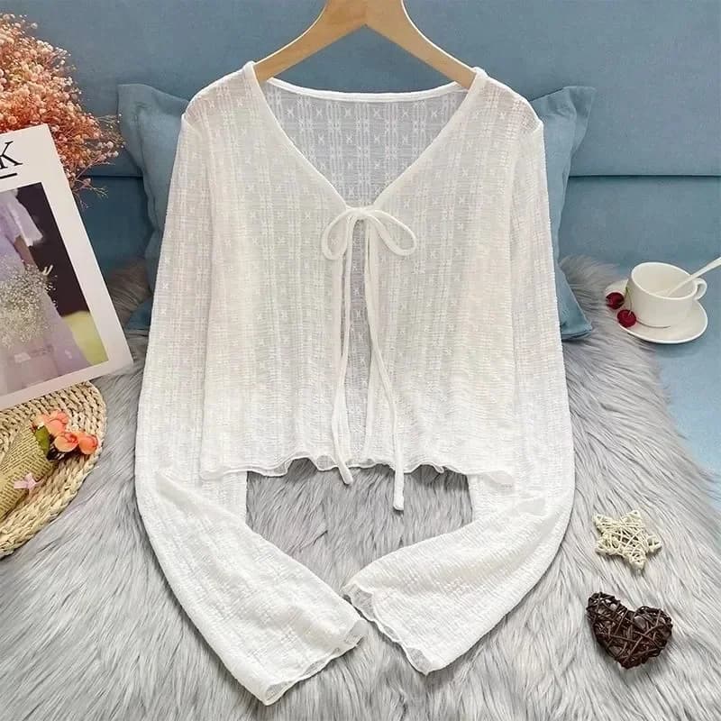 Women's slim white cardigan, summer sun protection, knitwear with laces, women's top, Korean style, casual lantern sleeve, sun protected short top