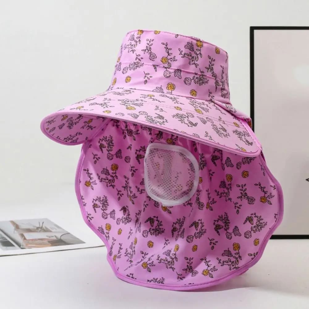 Sun Cap With Mask Picking Tea Hat Wide-brimmed Floral Sunshade Shawl Cap Thin Lightweight Neck Protection Hat Travel