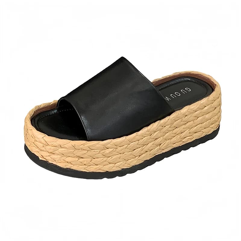 White Heels Slippers Summer Sandals Platform Woman 2026 Black Wedge Heels Ladies Slipper Brown Straw Weaving Beach Shoes