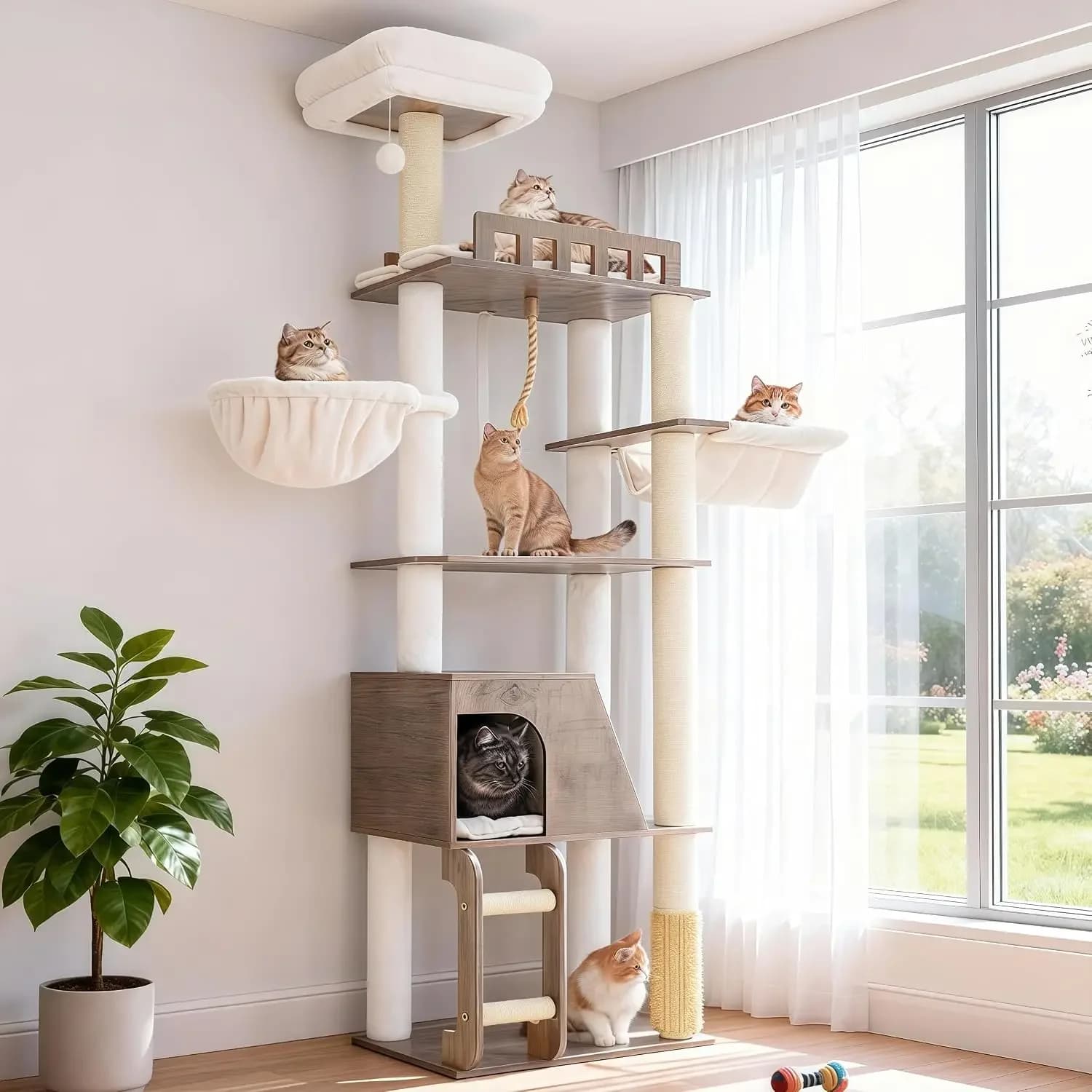 Wooden Cat Tree, Furniture Tower with Large Platforms, MPJ121SG | 69.7 inch, Modern Full Sisal Scratching Posts, Hammocks