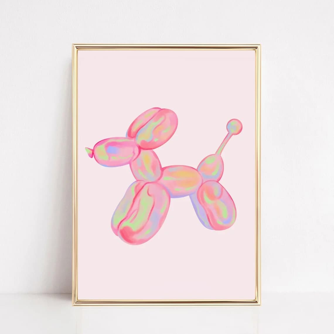 Stampa da Parete con Cane Palloncino Rosa Giocoso - Illustrazione Olografica Fantasiosa di un Cane Palloncino ispirato a Jeff Koons, che si fonde perfettamente