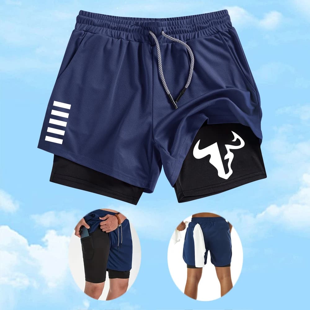 Pantaloncini da uomo 2 in 1 ad asciugatura rapida, pantaloncini sportivi per allenamento fitness all'aperto, pantaloncini da spiaggia casual stampati con tasca interna per telefono