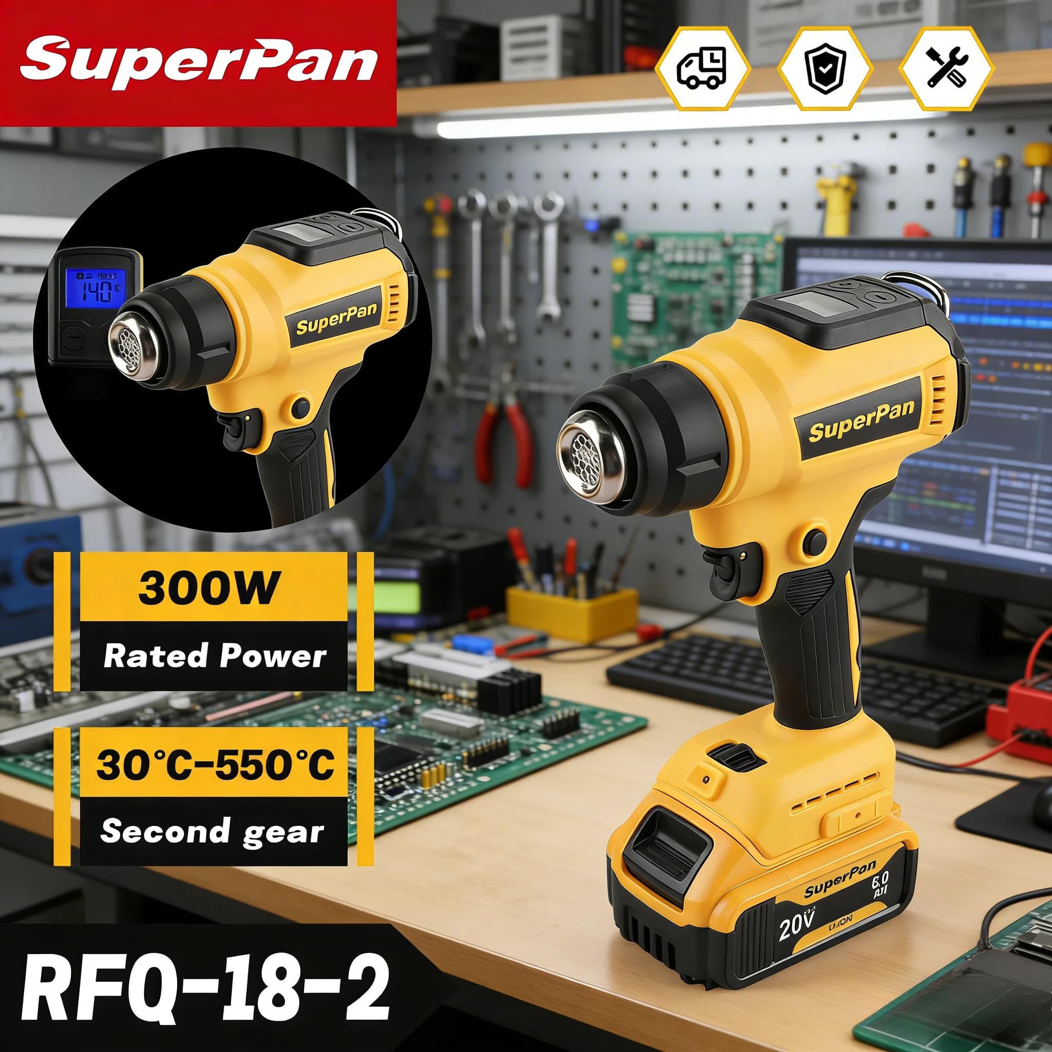 Pistola Termica Senza Fili SuperPan, Saldatore Elettrico Portatile per Pellicola Termoretraibile, Compatibile con Batteria Dewalt 18V