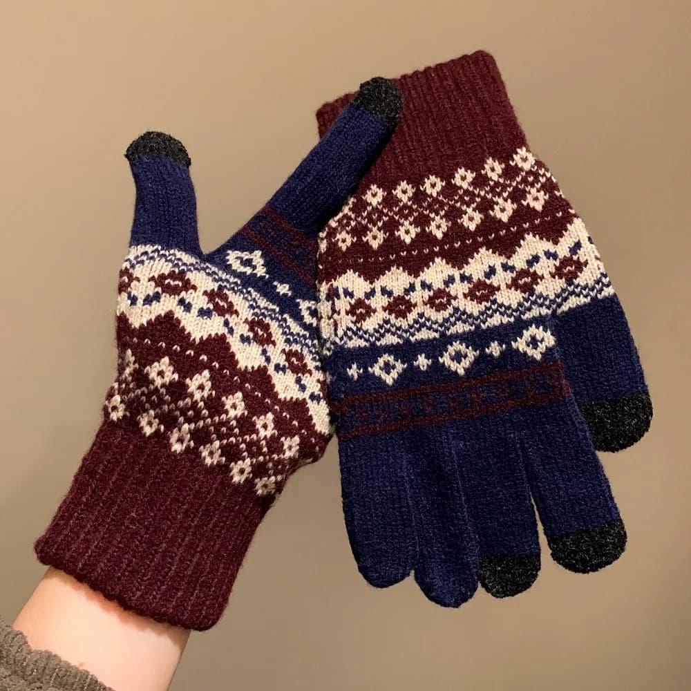 Guanti Invernali Lavorati a Maglia Stile Fair Isle, Morbidi Guanti in Lana Stampata Rossa, Impermeabili e Antivento, Guanti da Ciclismo per Donne, Autunno